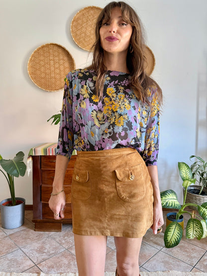 1970's vintage lilac, blue and yellow semi sheer floral print silk blouse
