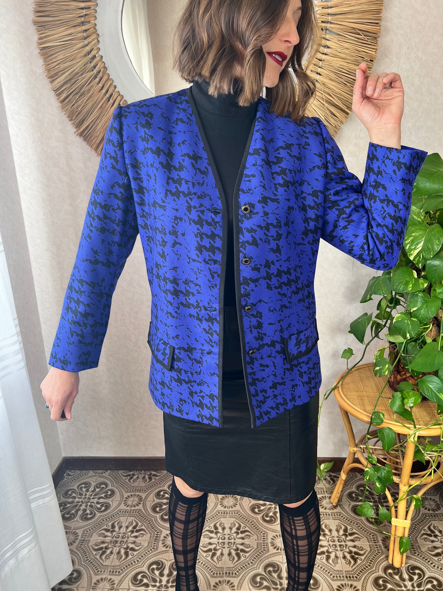 1980's vintage indigo and black abstract wool blazer