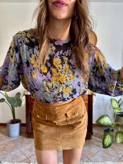 1970's vintage lilac, blue and yellow semi sheer floral print silk blouse
