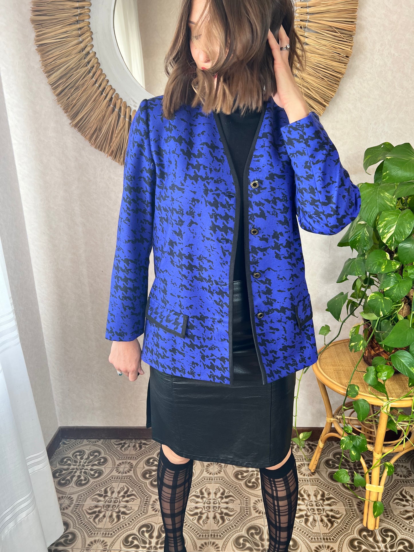 1980's vintage indigo and black abstract wool blazer