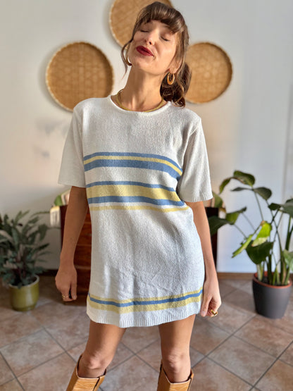 1990's vintage cream knit mini dress with blue and yellow stripes
