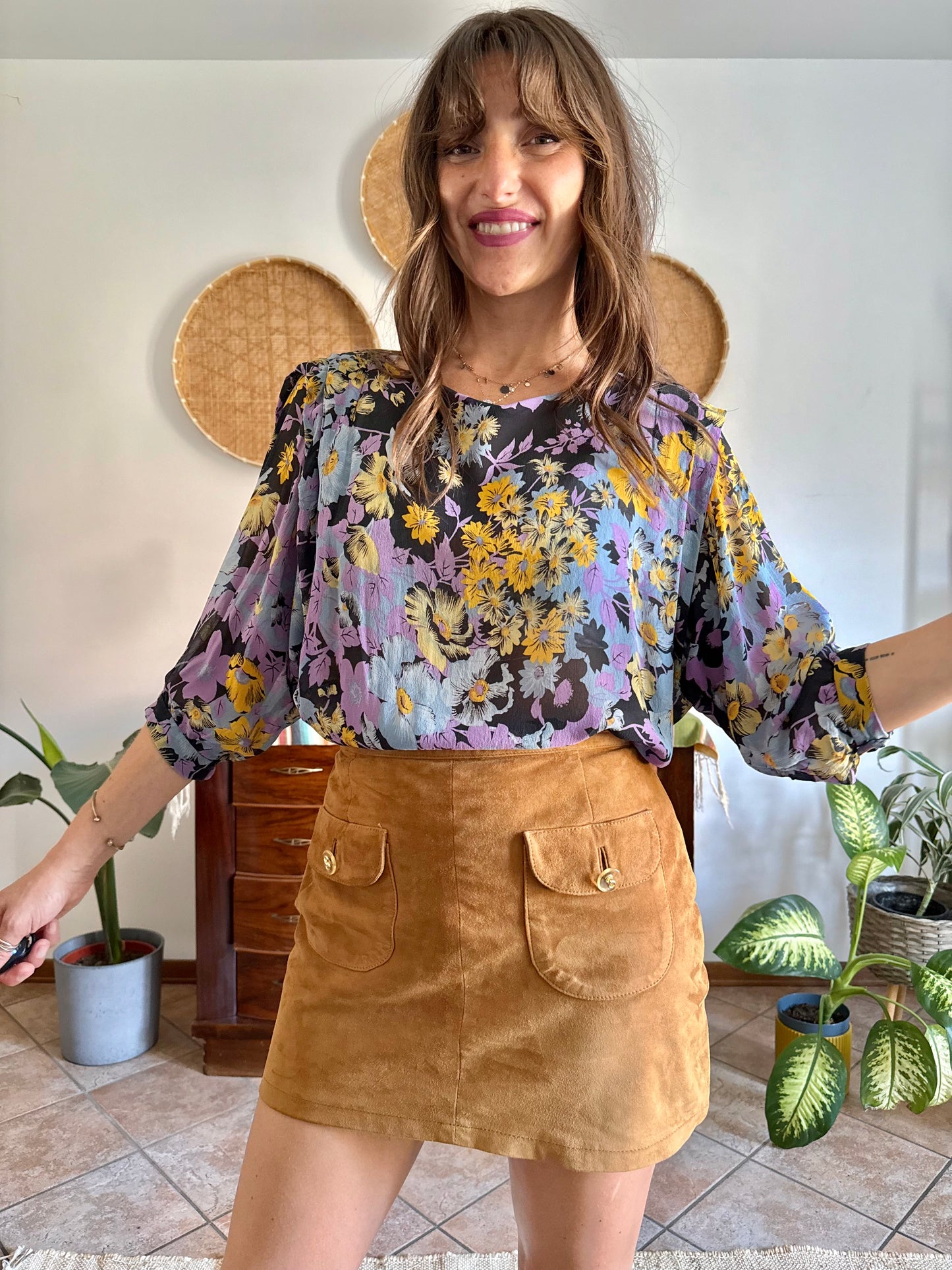 1970's vintage lilac, blue and yellow semi sheer floral print silk blouse