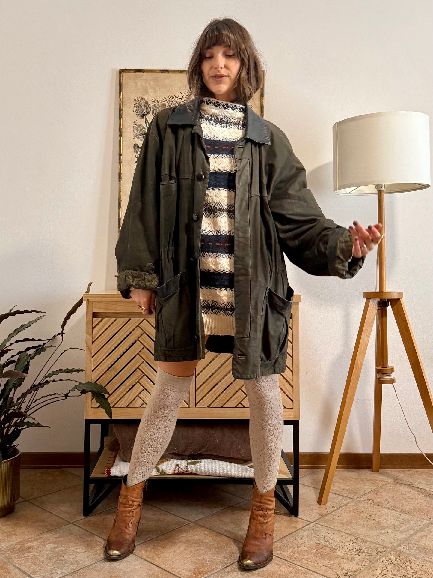 1990's vintage military green leather coat with quilted paisley lining