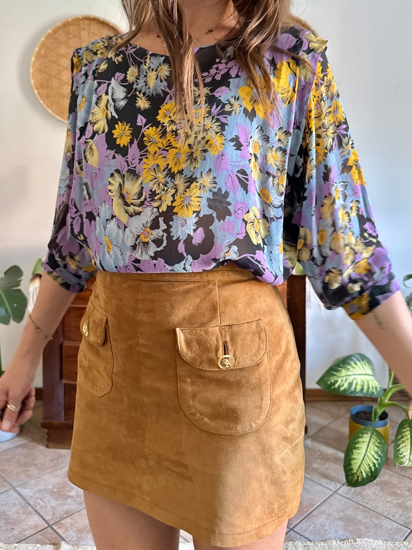 1970's vintage lilac, blue and yellow semi sheer floral print silk blouse