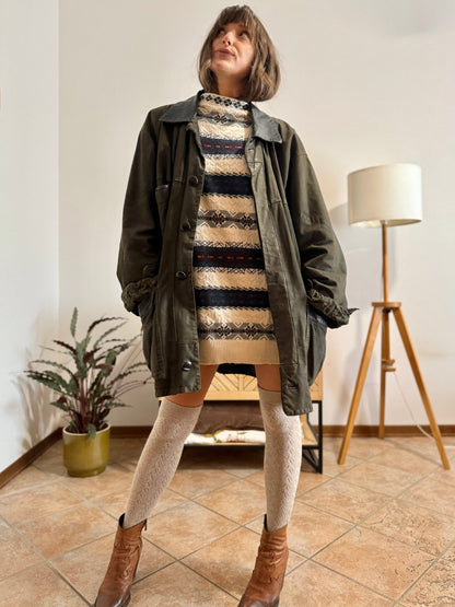 1990's vintage military green leather coat with quilted paisley lining