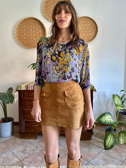 1970's vintage lilac, blue and yellow semi sheer floral print silk blouse
