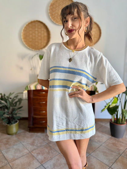 1990's vintage cream knit mini dress with blue and yellow stripes