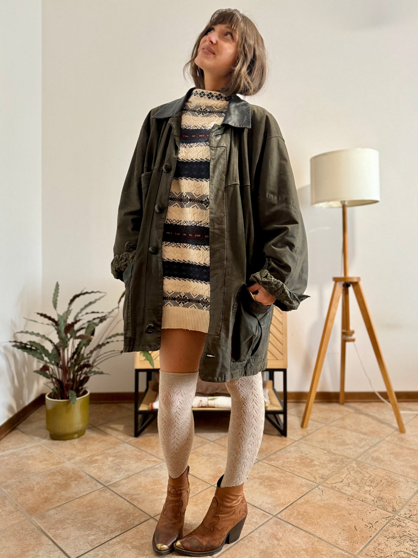 1990's vintage military green leather coat with quilted paisley lining