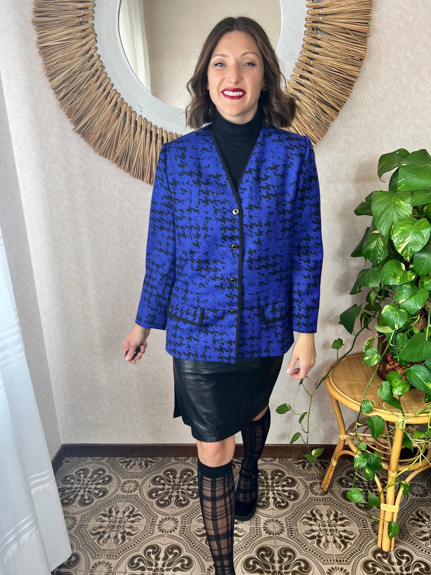 1980's vintage indigo and black abstract wool blazer