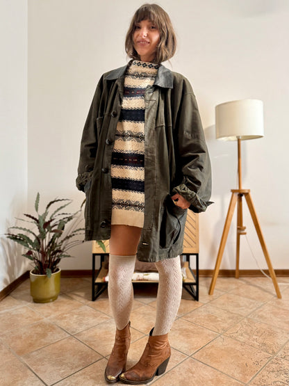 1990's vintage military green leather coat with quilted paisley lining