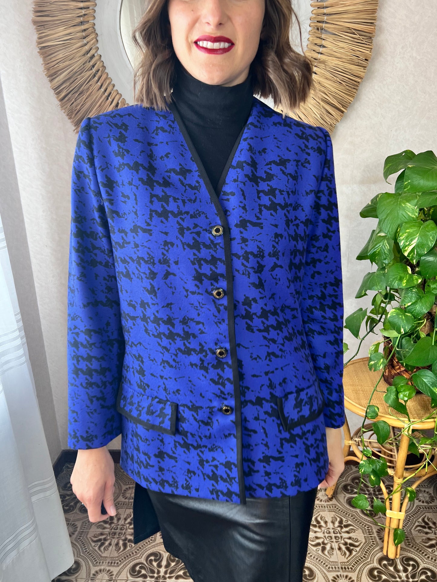 1980's vintage indigo and black abstract wool blazer