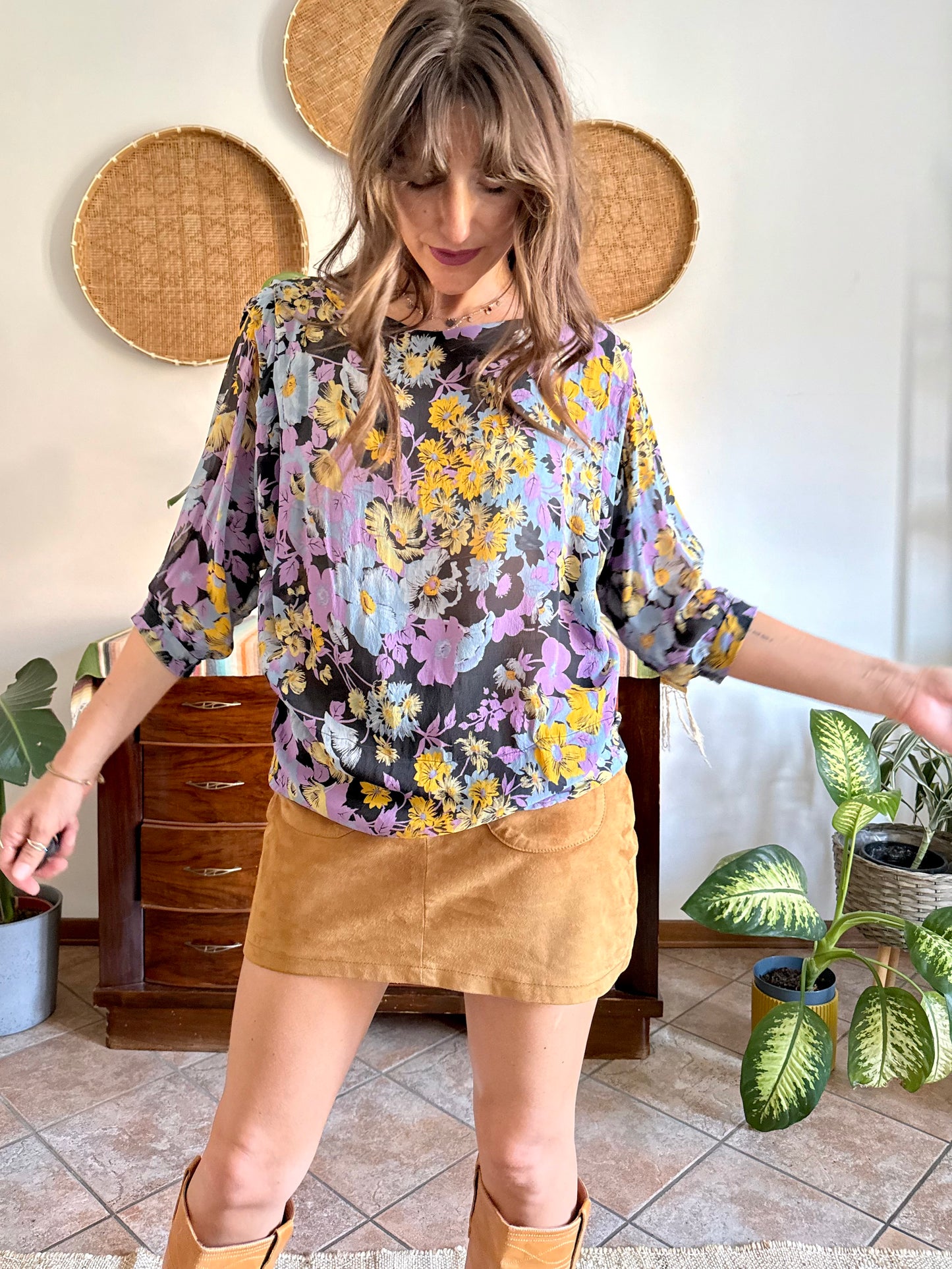 1970's vintage lilac, blue and yellow semi sheer floral print silk blouse