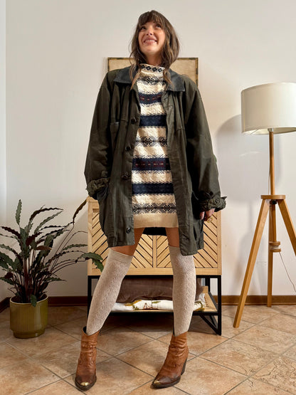 1990's vintage military green leather coat with quilted paisley lining