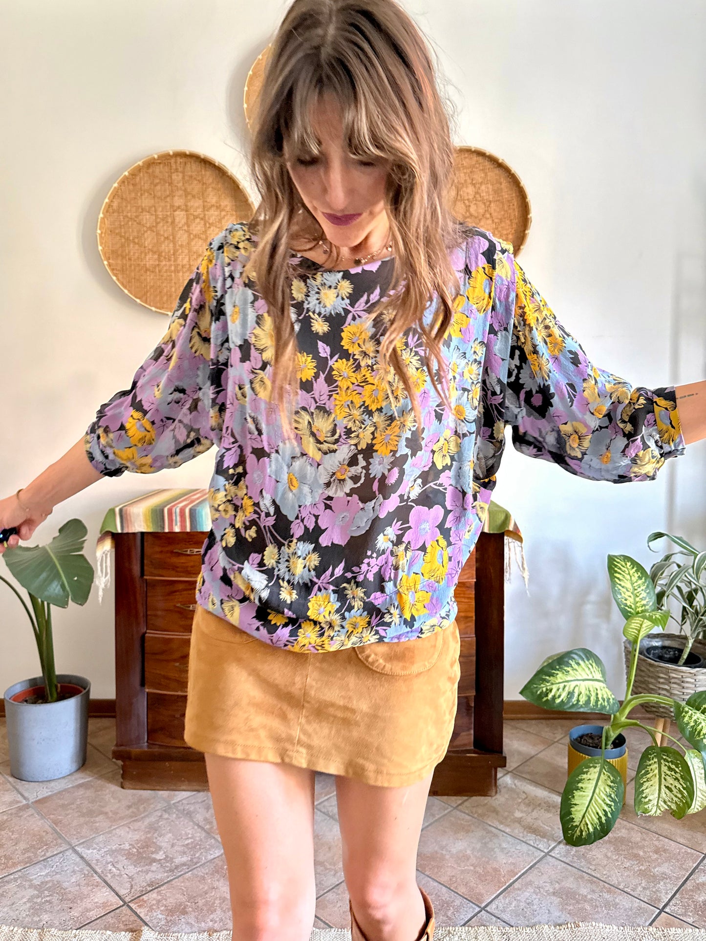 1970's vintage lilac, blue and yellow semi sheer floral print silk blouse