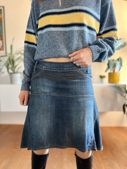 Y2k asymmetrical dark blue denim midi skirt