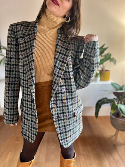 1970's vintage grey and purple oversize wool plaid houndstooth blazer