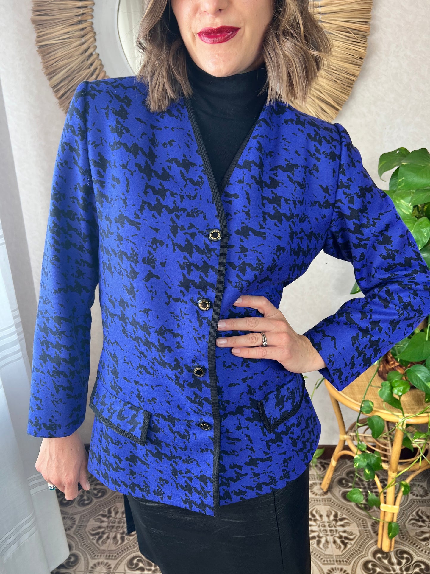 1980's vintage indigo and black abstract wool blazer