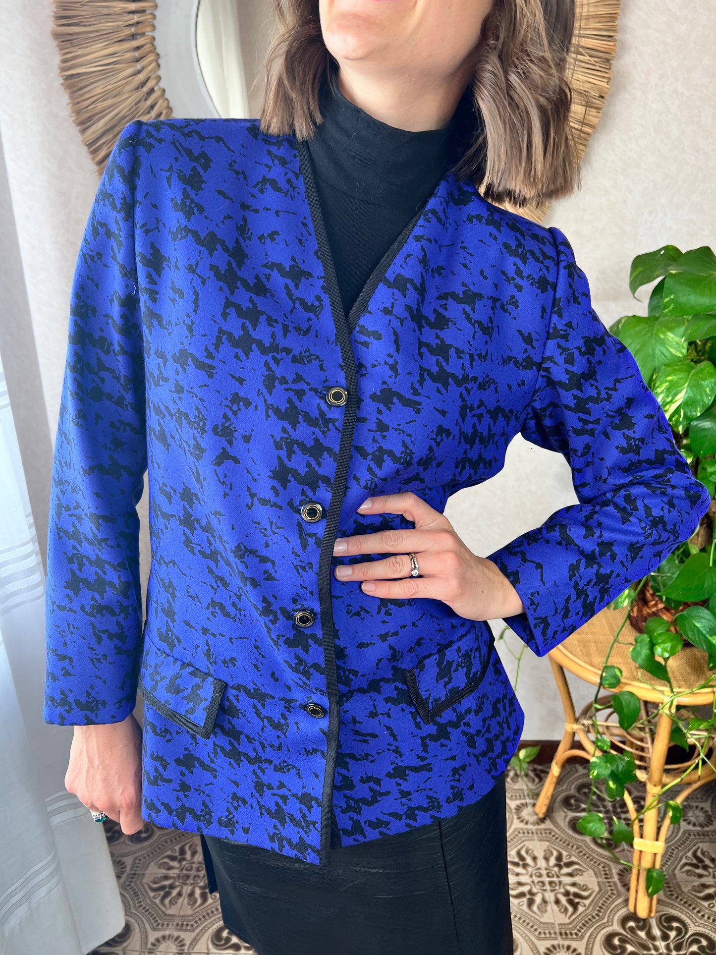 1980's vintage indigo and black abstract wool blazer