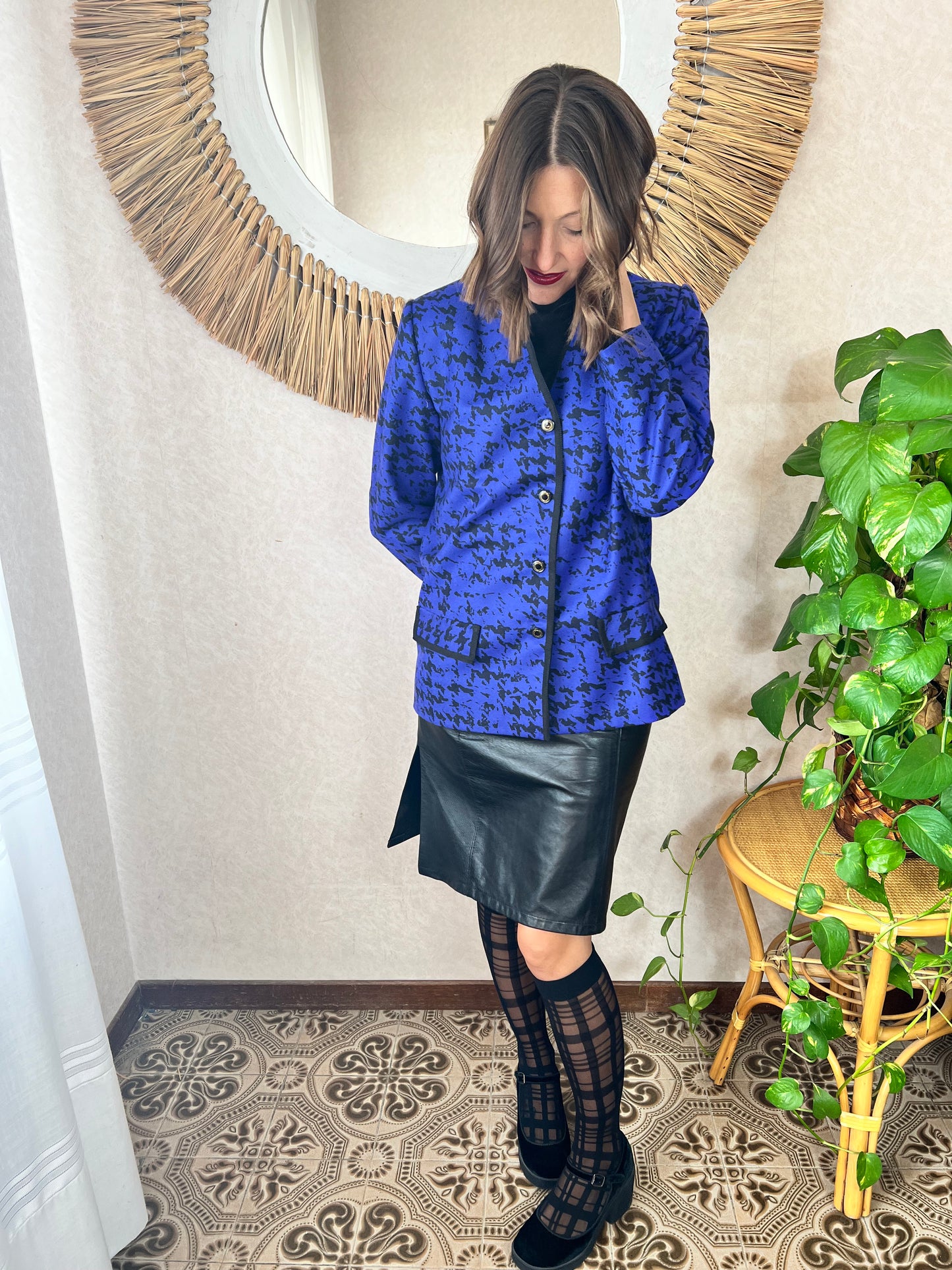 1980's vintage indigo and black abstract wool blazer