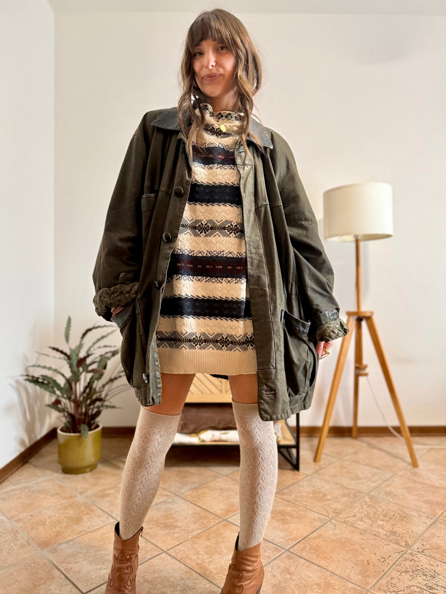 1990's vintage military green leather coat with quilted paisley lining