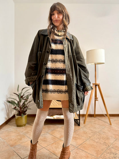 1990's vintage military green leather coat with quilted paisley lining