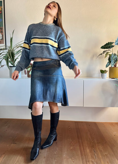 Y2k asymmetrical dark blue denim midi skirt