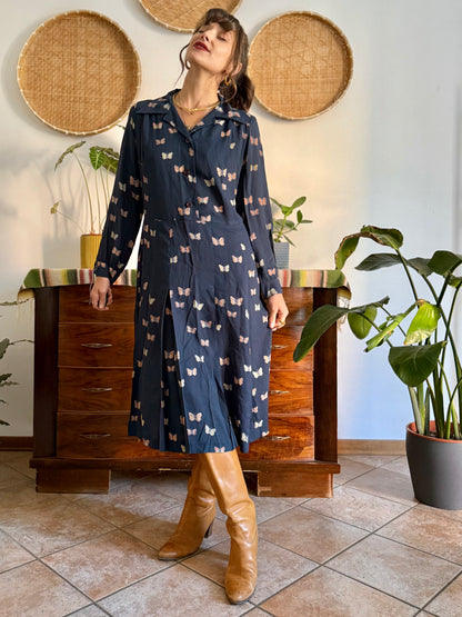 1970's vintage navy pleated midi dress with butterfly print