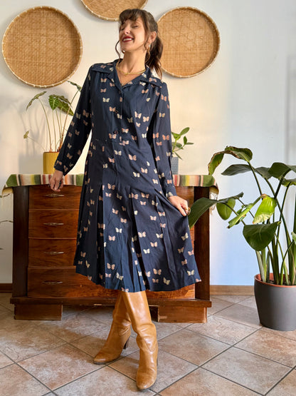 1970's vintage navy pleated midi dress with butterfly print