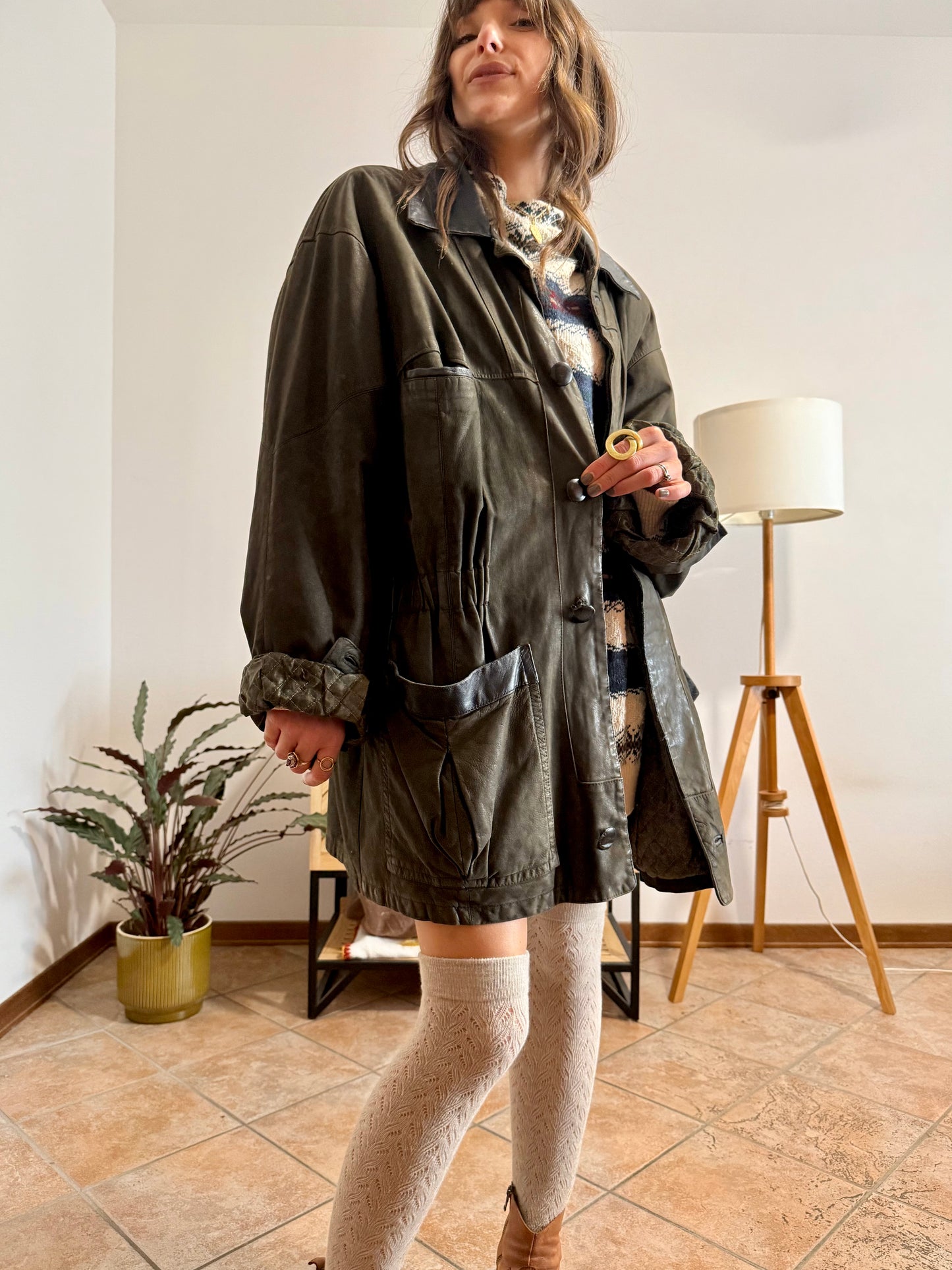 1990's vintage military green leather coat with quilted paisley lining