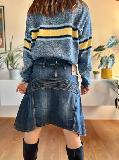 Y2k asymmetrical dark blue denim midi skirt