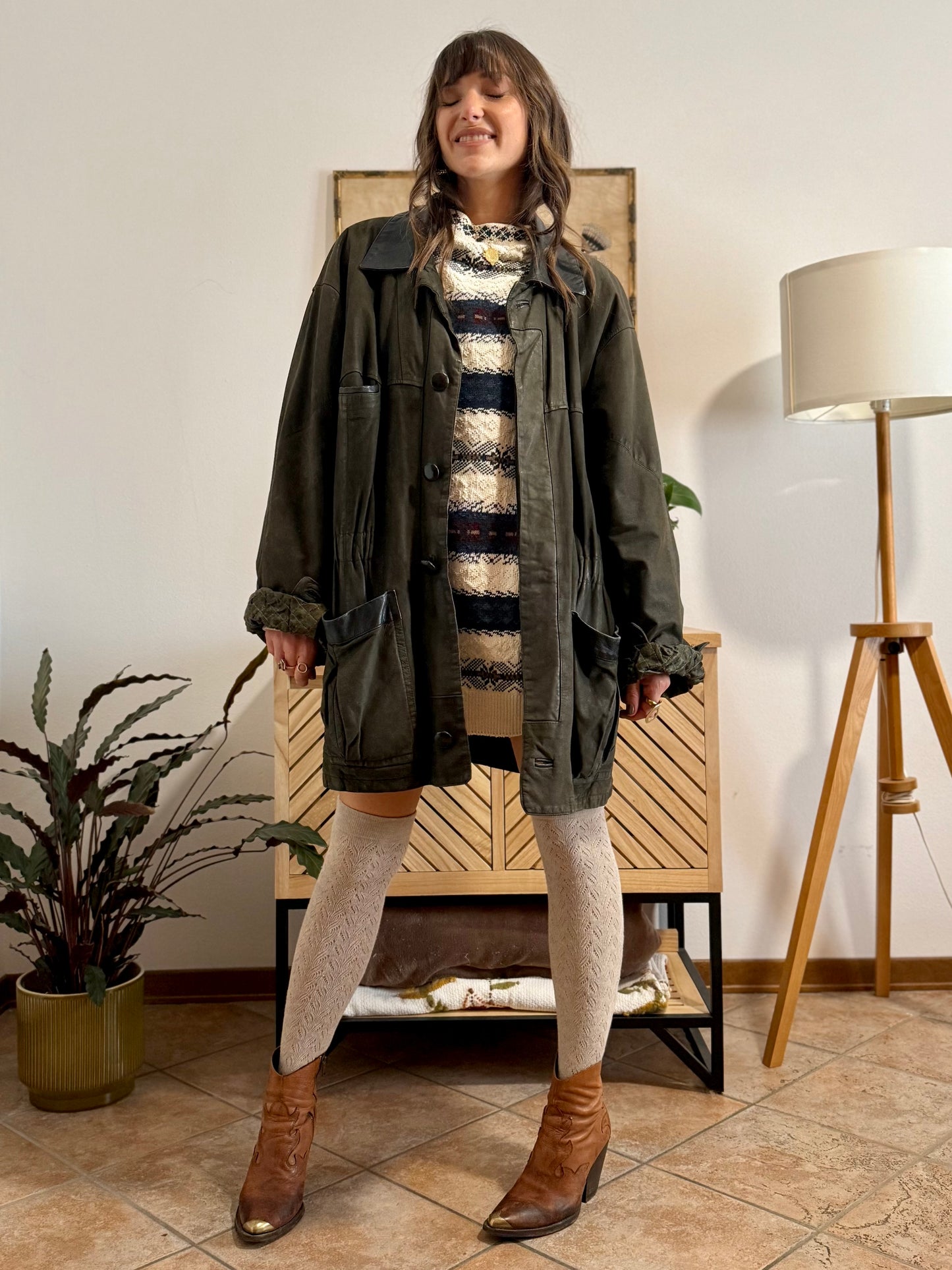 1990's vintage military green leather coat with quilted paisley lining