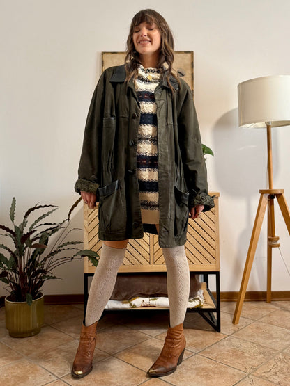 1990's vintage military green leather coat with quilted paisley lining