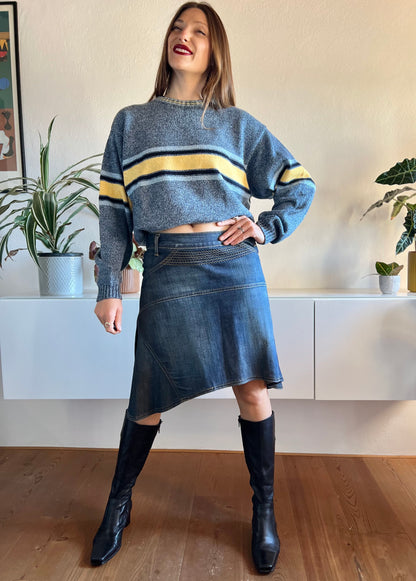 Y2k asymmetrical dark blue denim midi skirt