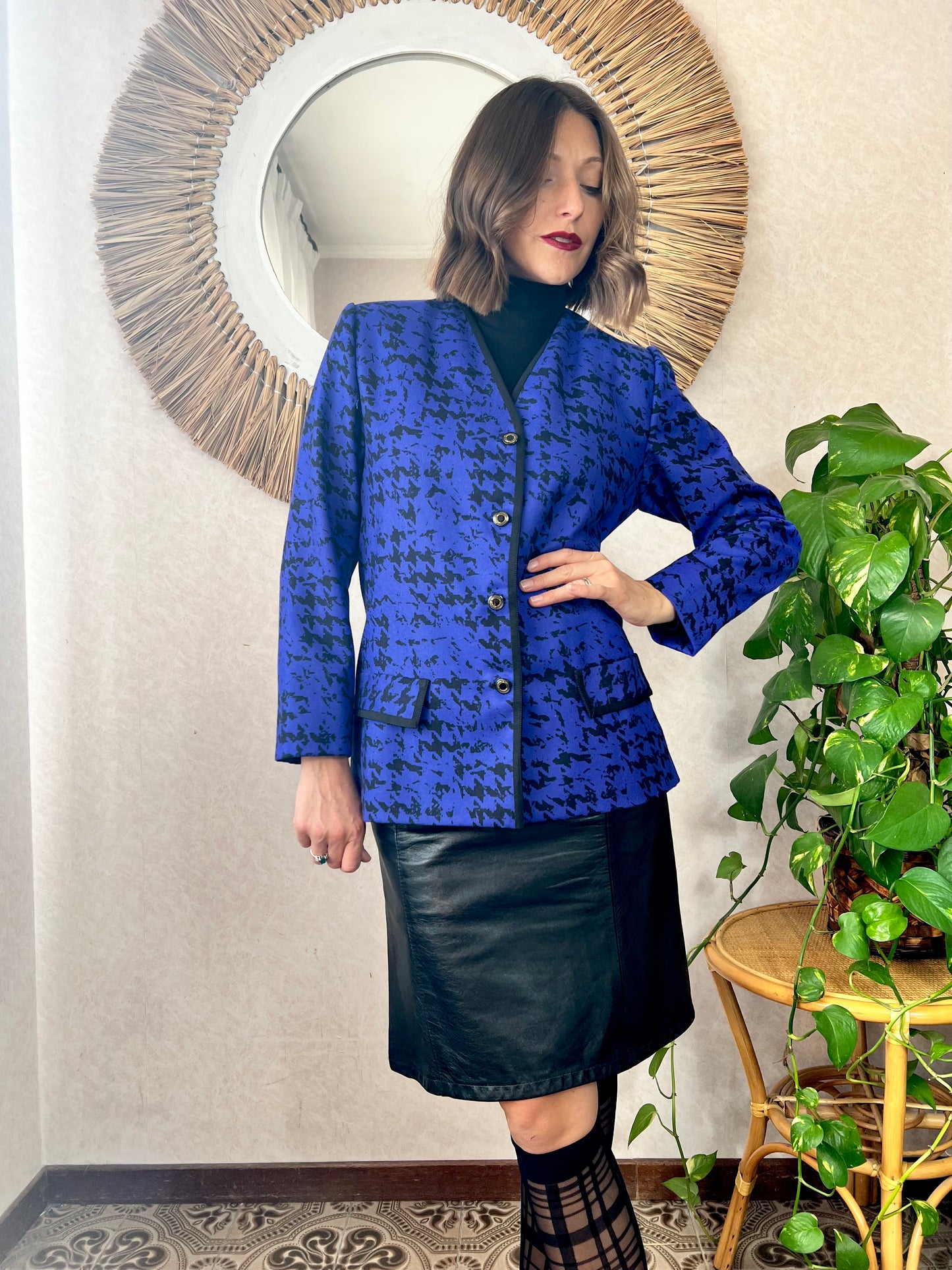 1980's vintage indigo and black abstract wool blazer