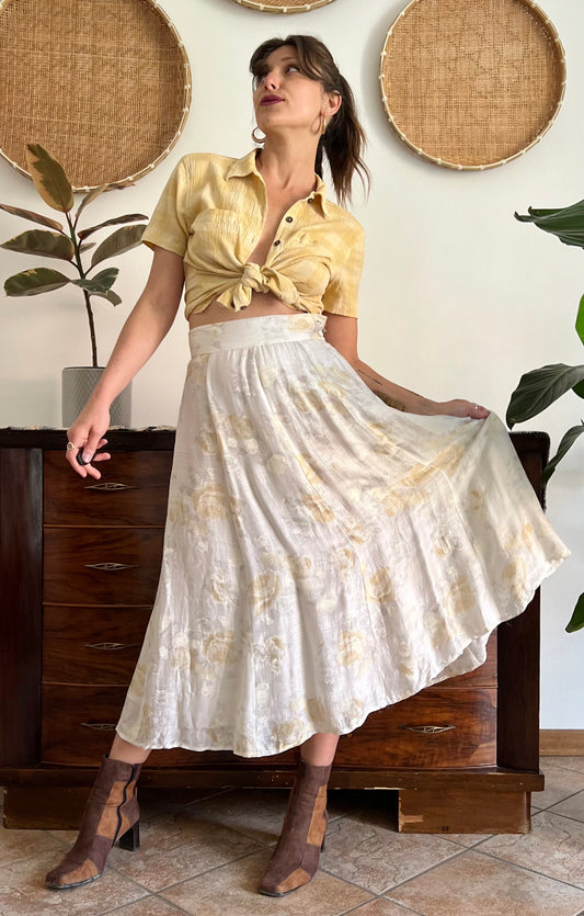 1970's vintage cream and gold iridescent textured floral woven midi skirt