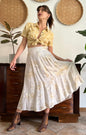1970's vintage cream and gold iridescent textured floral woven midi skirt