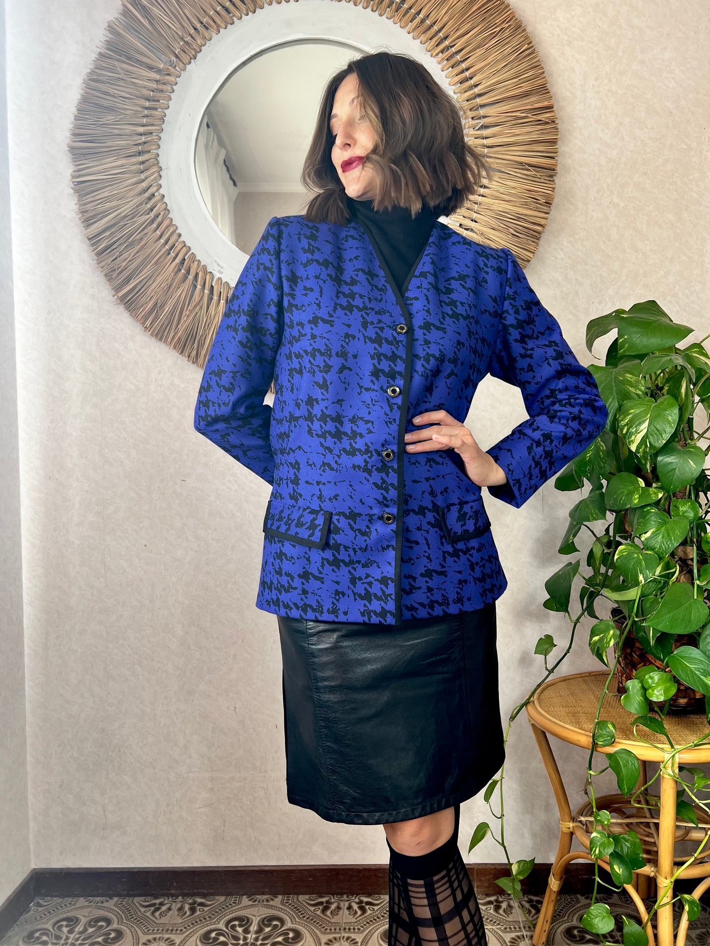 1980's vintage indigo and black abstract wool blazer