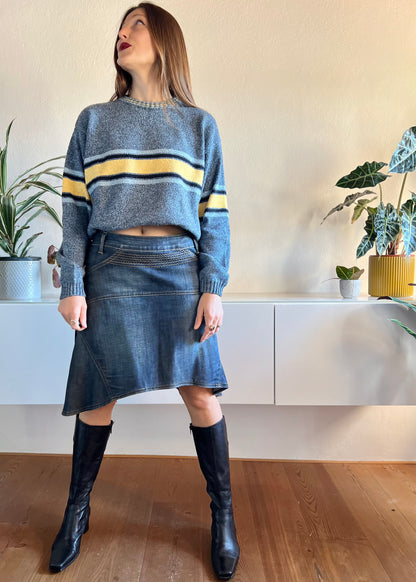 Y2k asymmetrical dark blue denim midi skirt