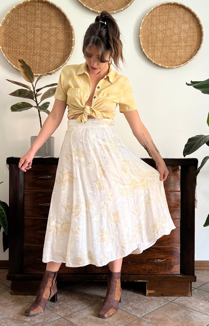 1970's vintage cream and gold iridescent textured floral woven midi skirt