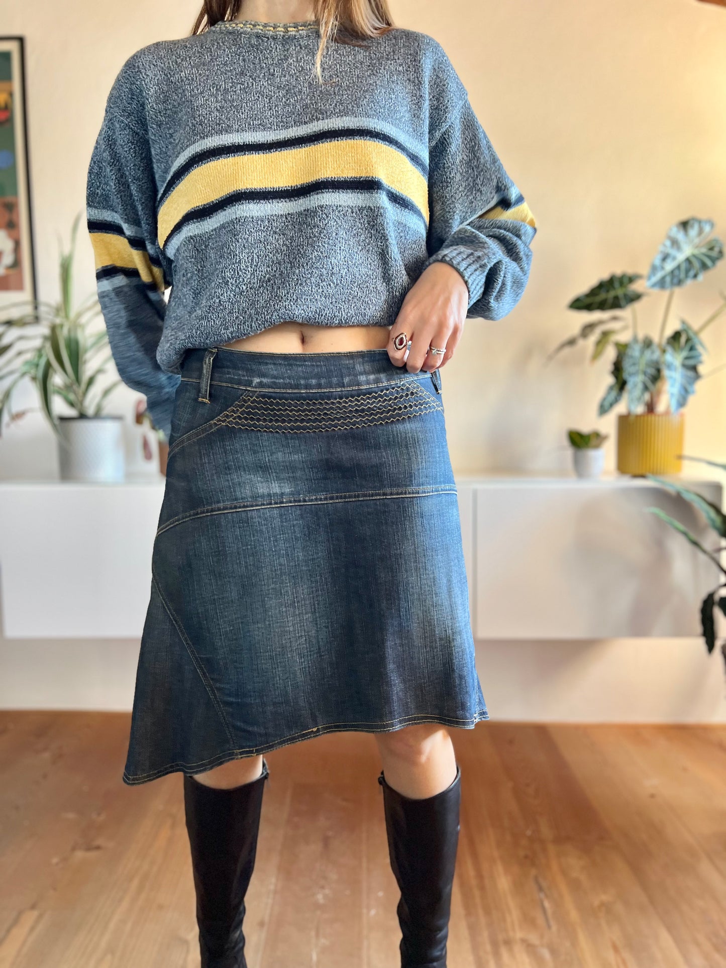 Y2k asymmetrical dark blue denim midi skirt