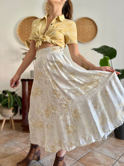 1970's vintage cream and gold iridescent textured floral woven midi skirt