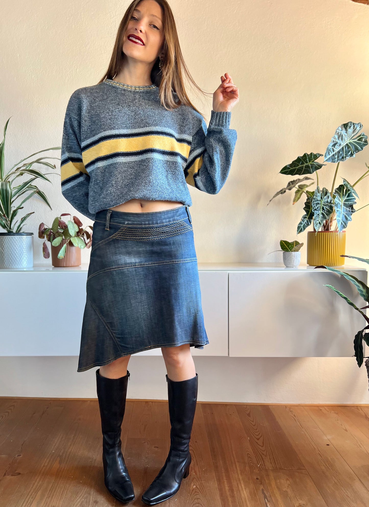 Y2k asymmetrical dark blue denim midi skirt