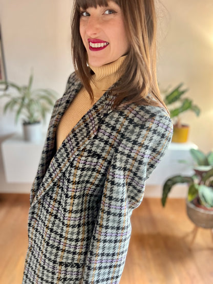 1970's vintage grey and purple oversize wool plaid houndstooth blazer