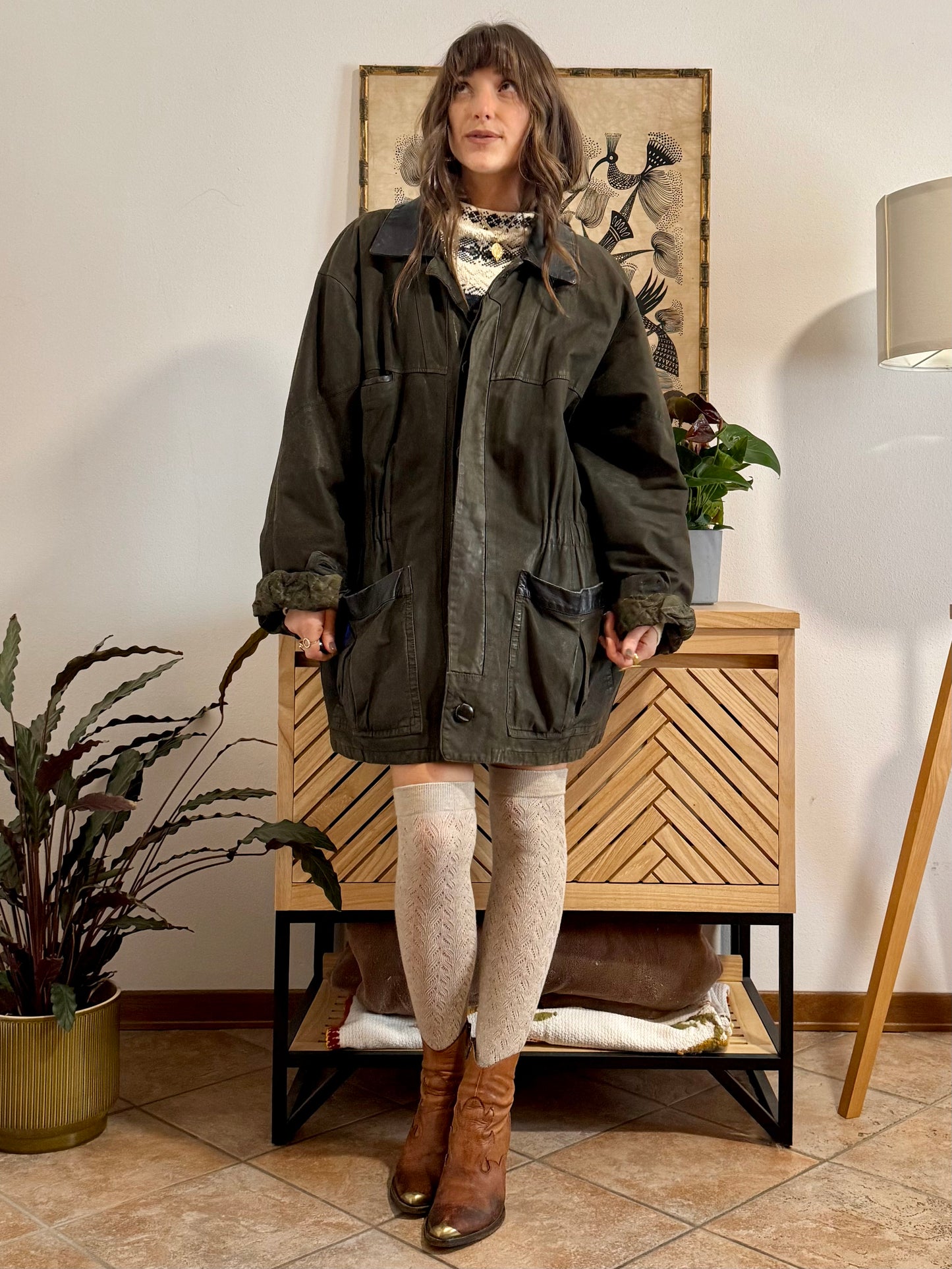 1990's vintage military green leather coat with quilted paisley lining