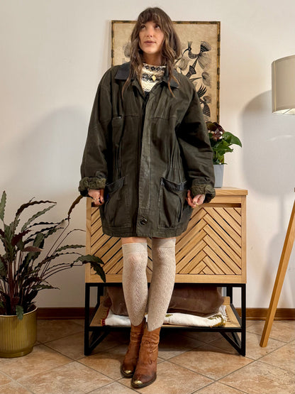 1990's vintage military green leather coat with quilted paisley lining