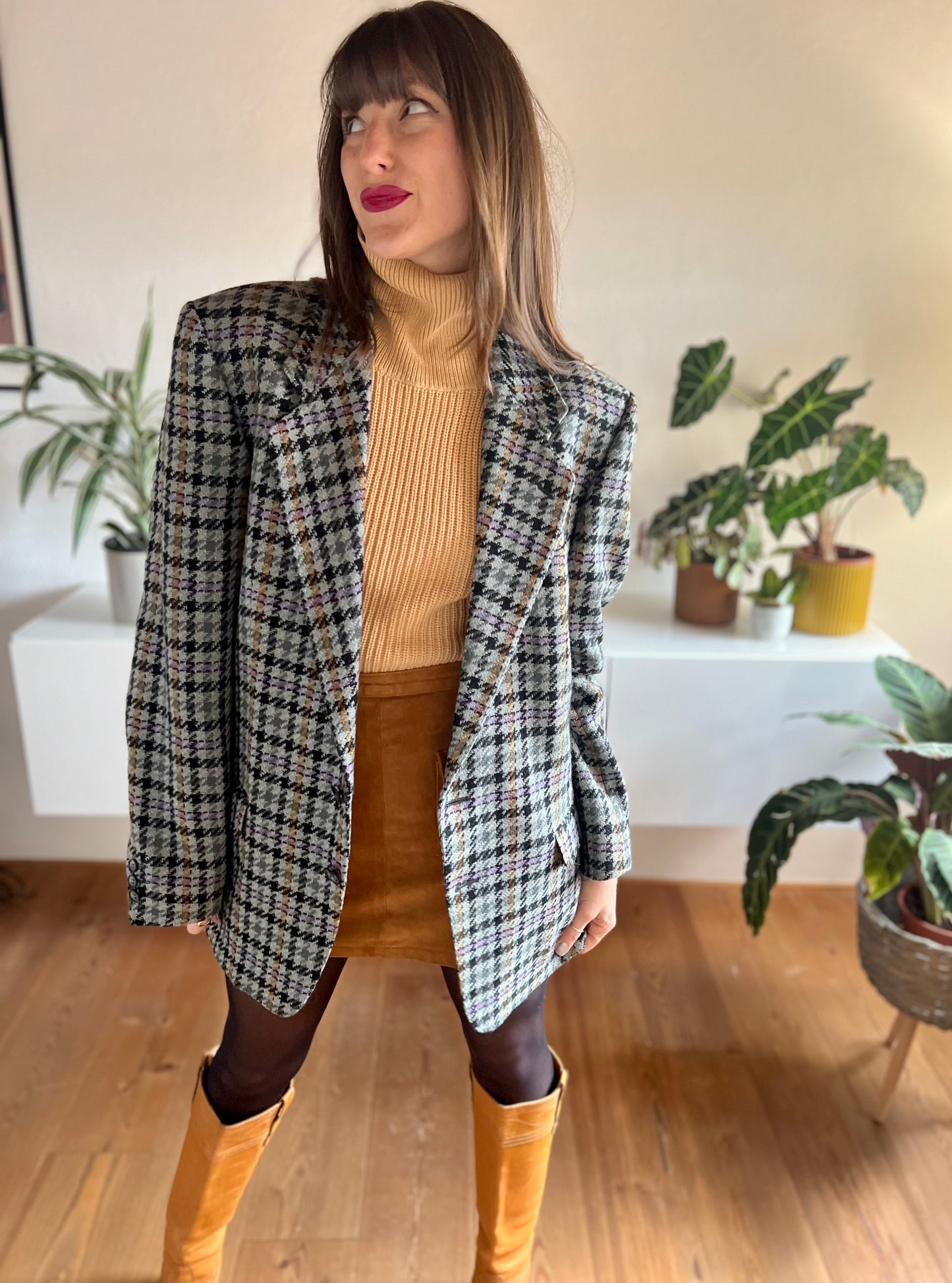 1970's vintage grey and purple oversize wool plaid houndstooth blazer