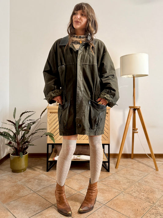 1990's vintage military green leather coat with quilted paisley lining