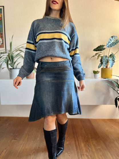 Y2k asymmetrical dark blue denim midi skirt