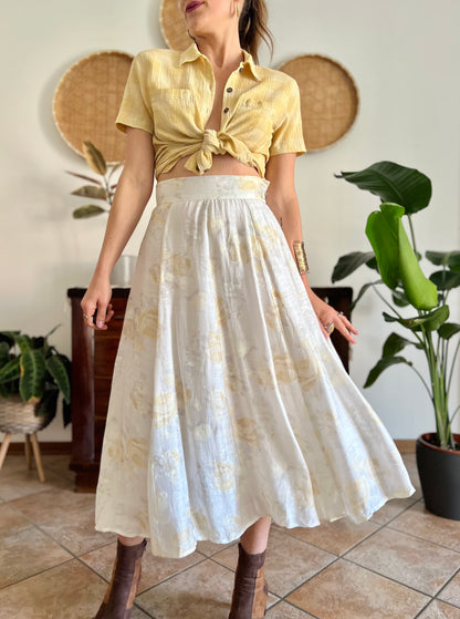 1970's vintage cream and gold iridescent textured floral woven midi skirt