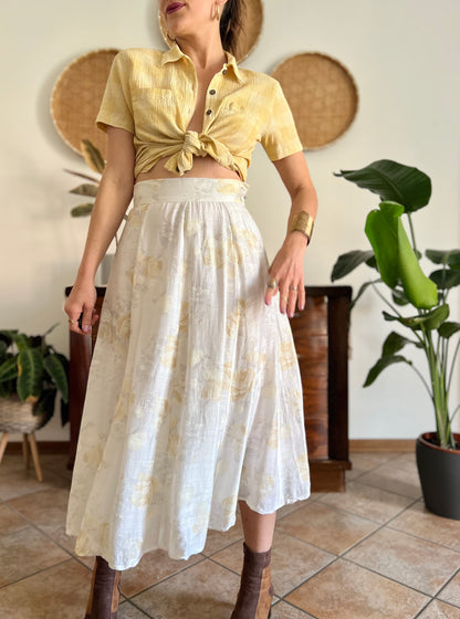 1970's vintage cream and gold iridescent textured floral woven midi skirt